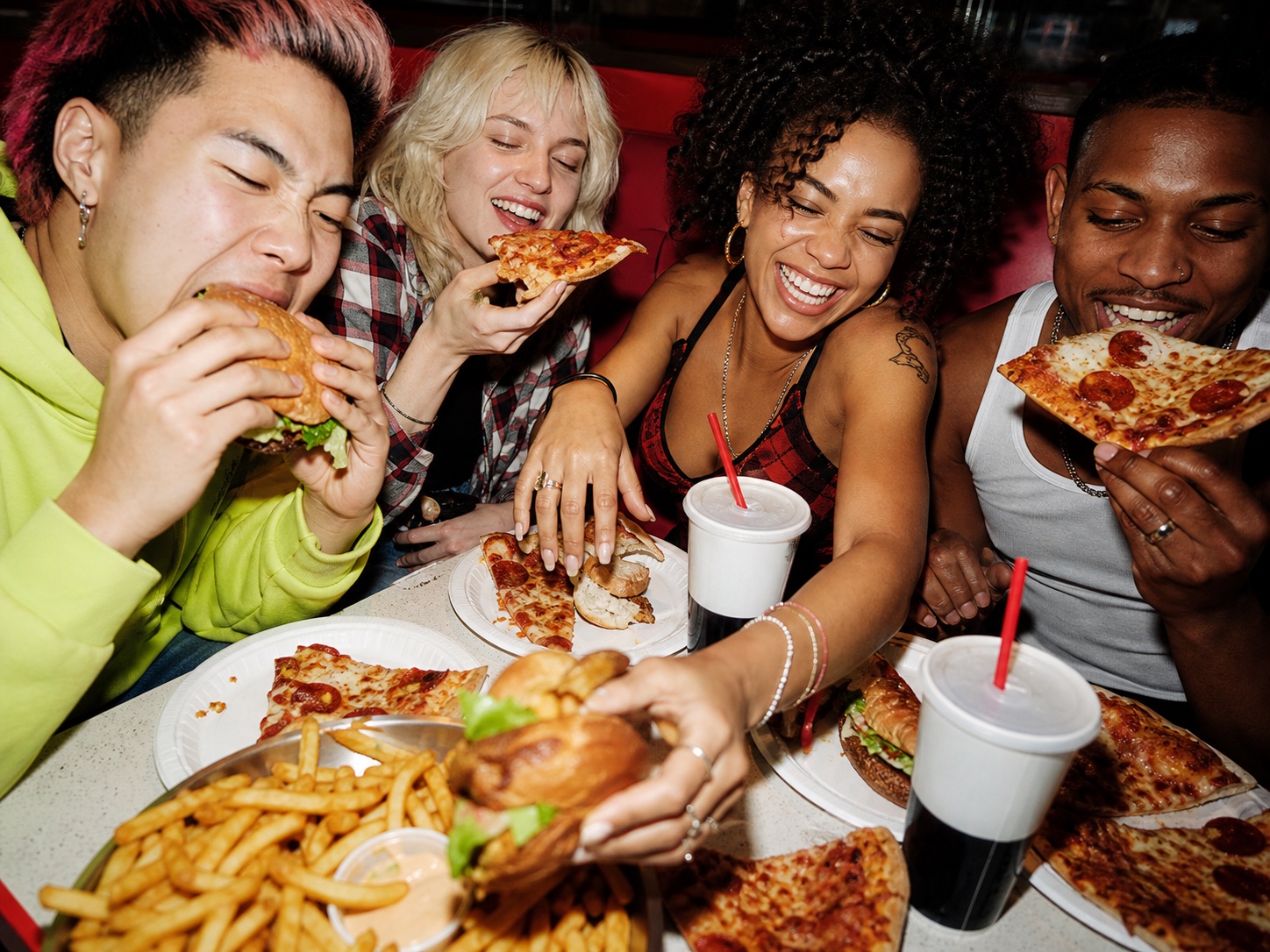 Friends sharing burgers, pizza, and fries in a lively restaurant