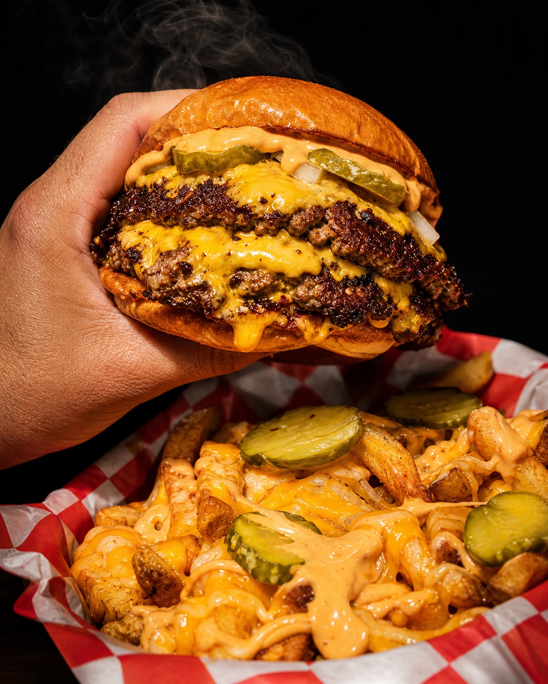 A double smashburger held above loaded fries